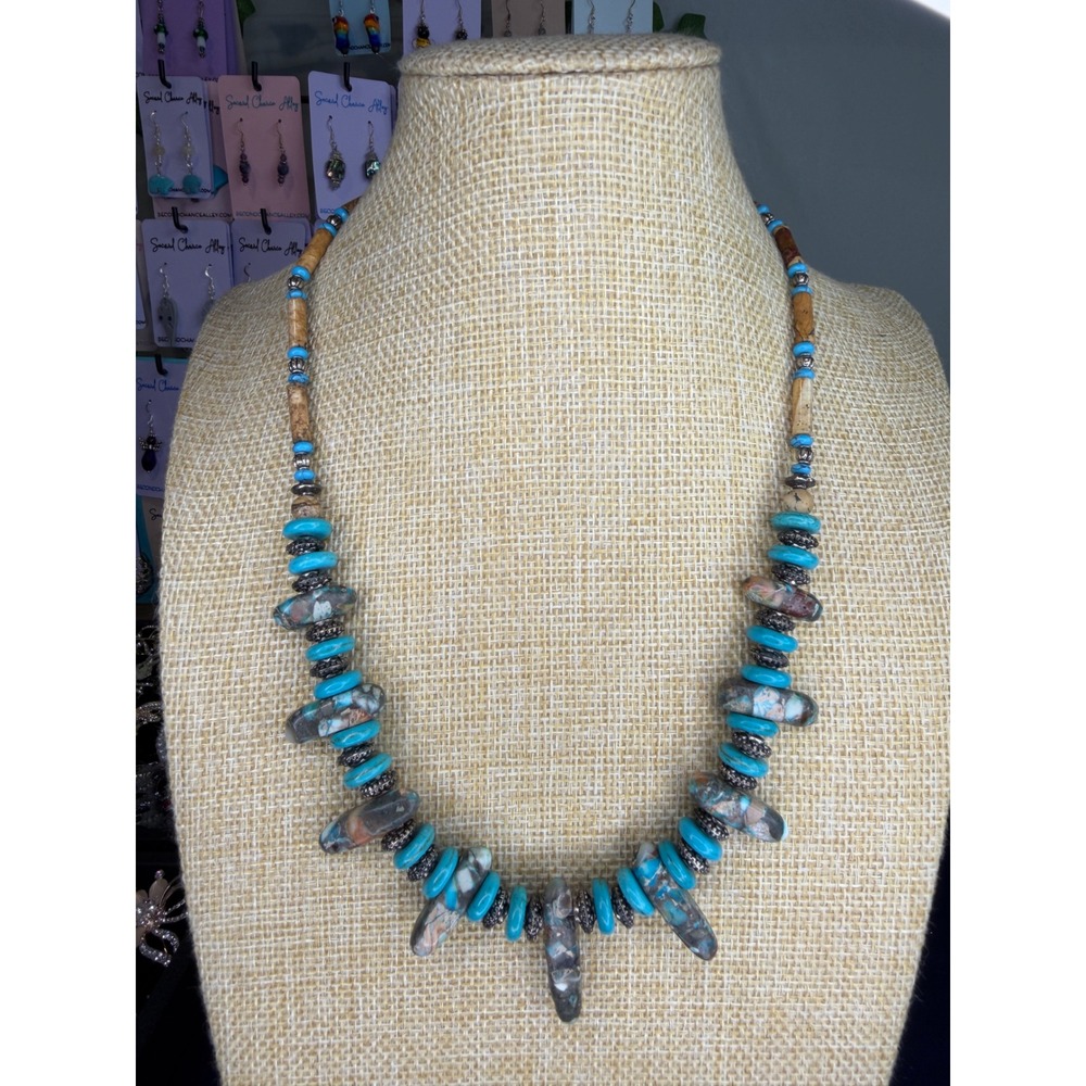 Boho Turquoise and Jasper Beaded Statement Necklace Southwestern Toggle Clasp